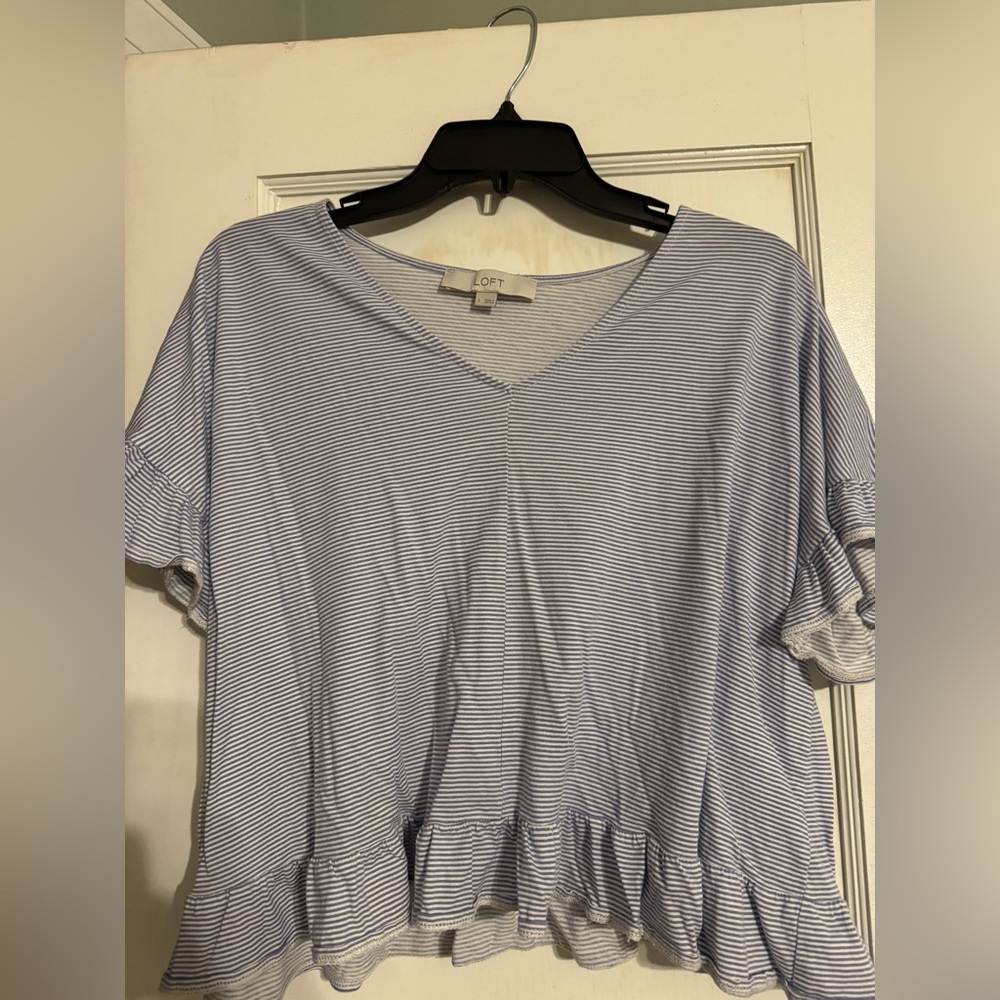 LOFT Women's Light Blue and White Striped Blouse